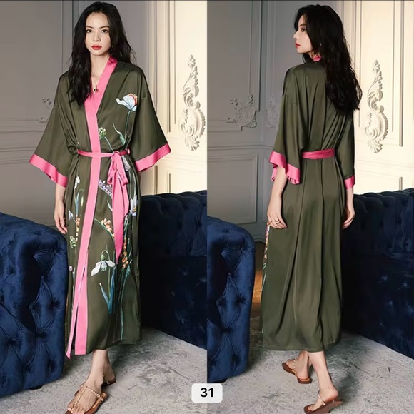 Other - Elegant Floral Kimono Robe - Olive Green and Pink